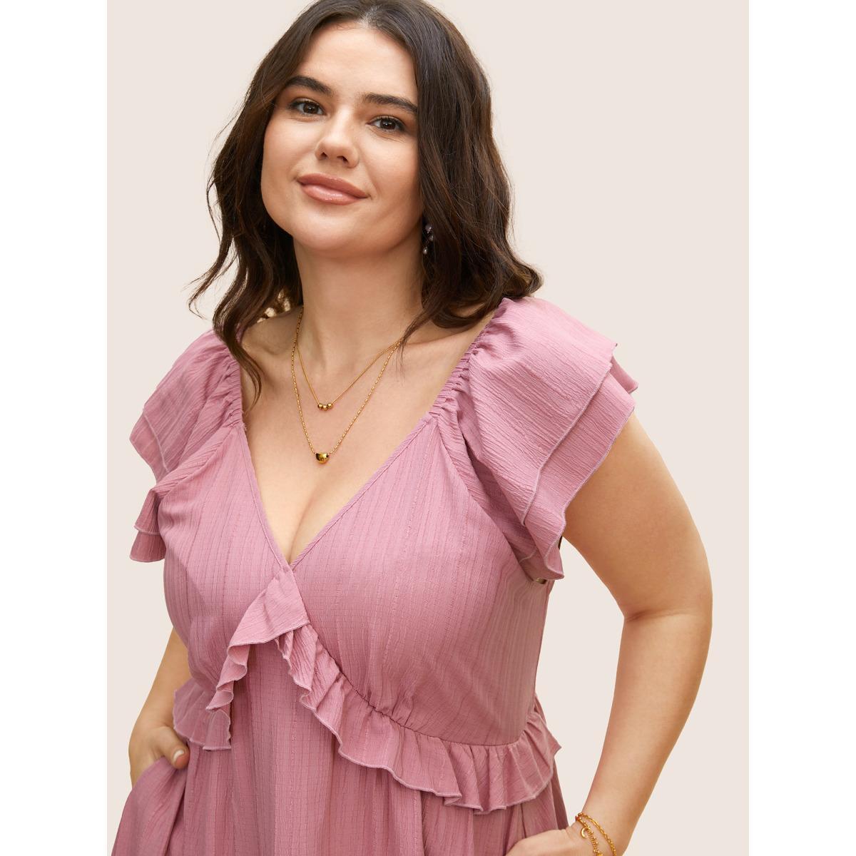 Plus Size Plain Textured Tiered Ruffle Sleeve Dress Beanpastepowder Women Elegant Tiered V-neck Cap Sleeve Curvy BloomChic 14-16/1X Product Image
