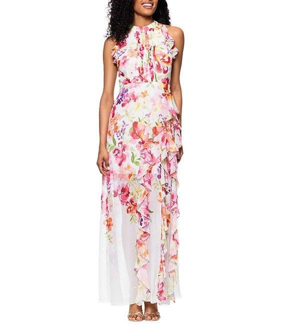 Betsy & Adam Petite Size Halter Neck Floral Print Chiffon Dress Product Image