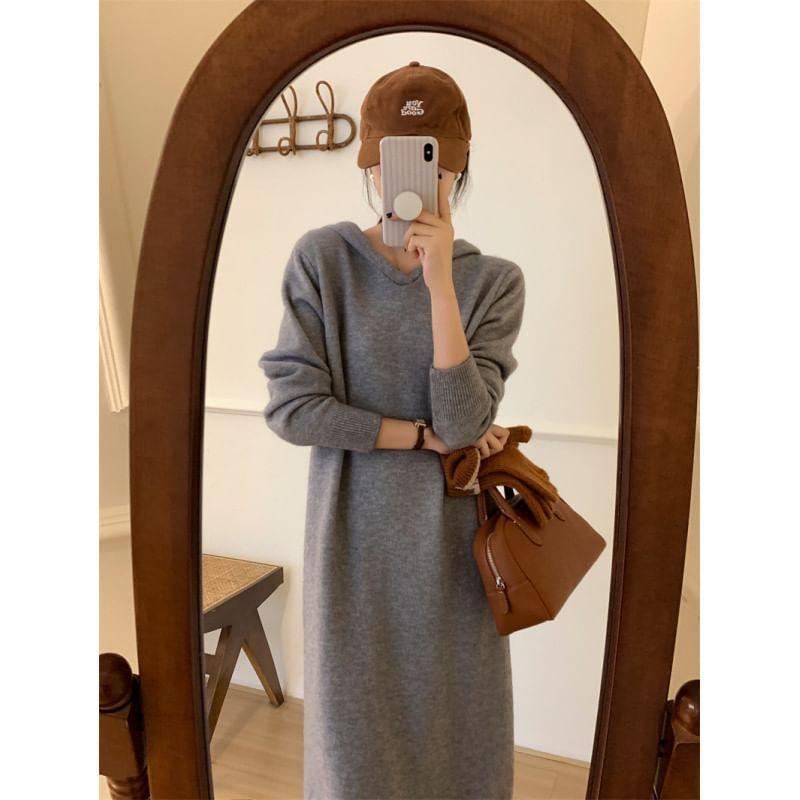 Long-Sleeve V-Neck Hooded Midi Sheath Knit Dress Product Image