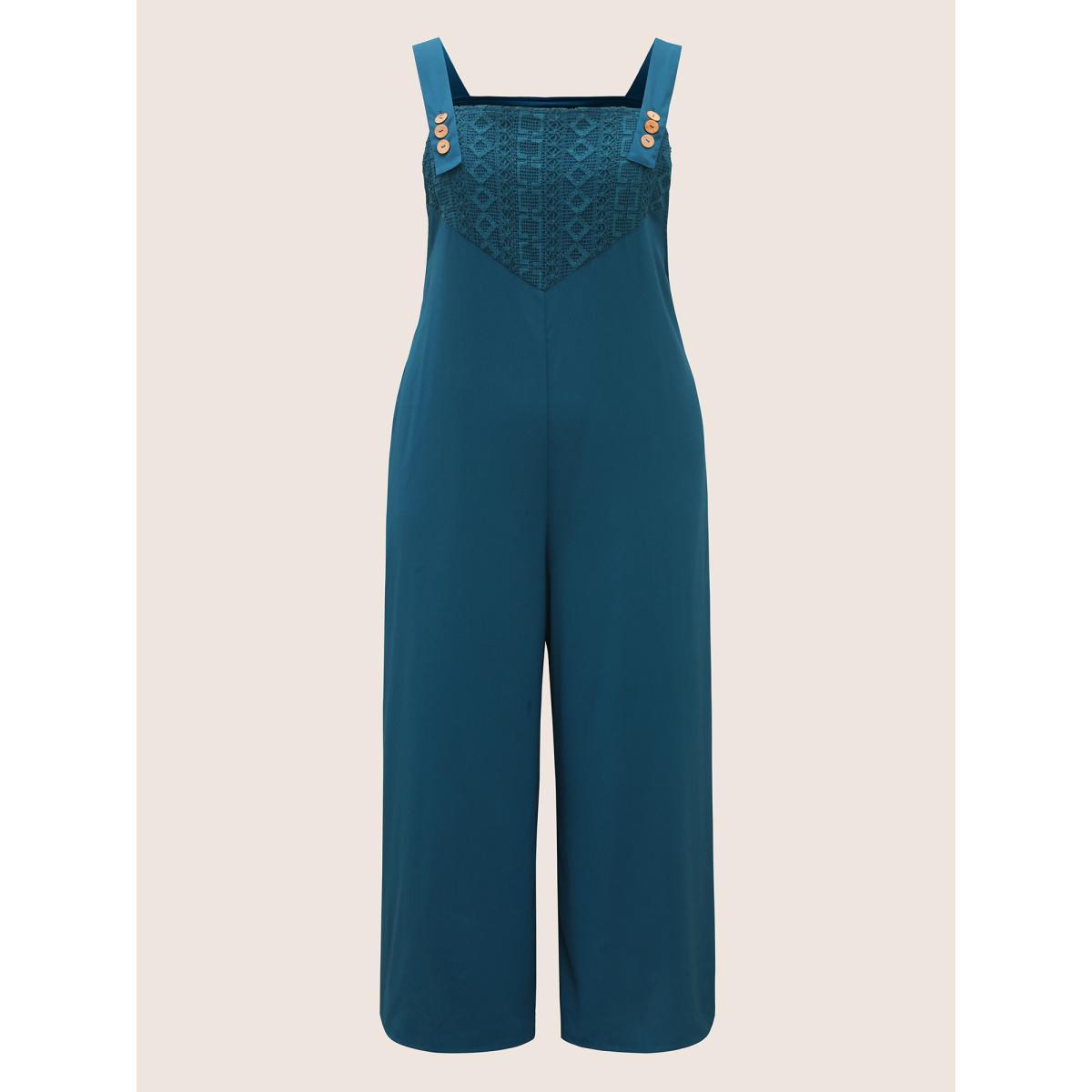 Plus Size Aegean Pointelle Knit Patchwork Button Detail Loose Jumpsuit Women Casual Sleeveless Square Neck Everyday Loose Jumpsuits BloomChic 30/6X Product Image