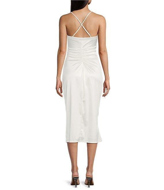 Honey and Rosie Satin Spaghetti Straps Pleated Ruffle Detail Midi Dress Product Image
