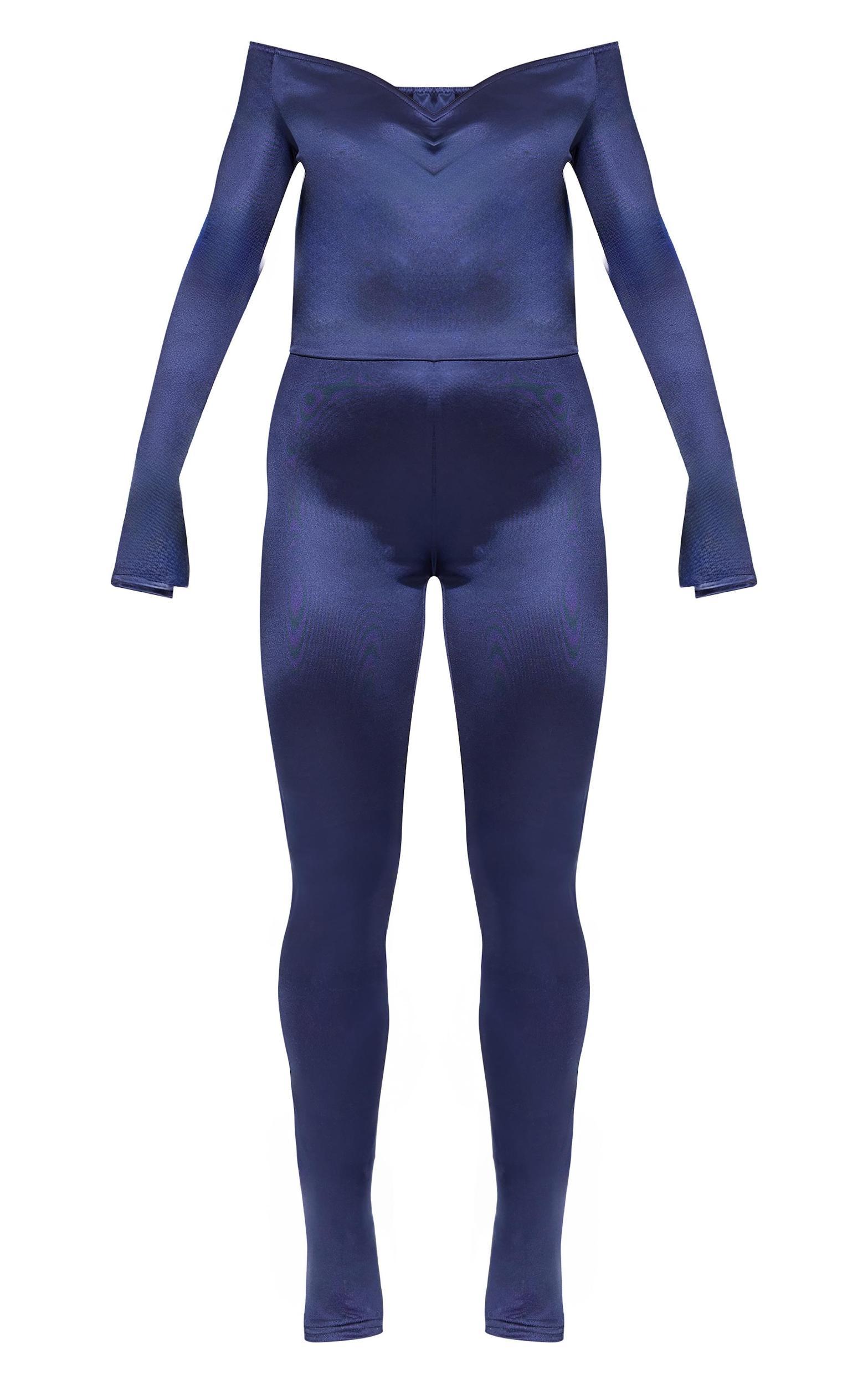 Navy Stretch Satin Cross Front Bardot Split Hem Jumpsuit Product Image