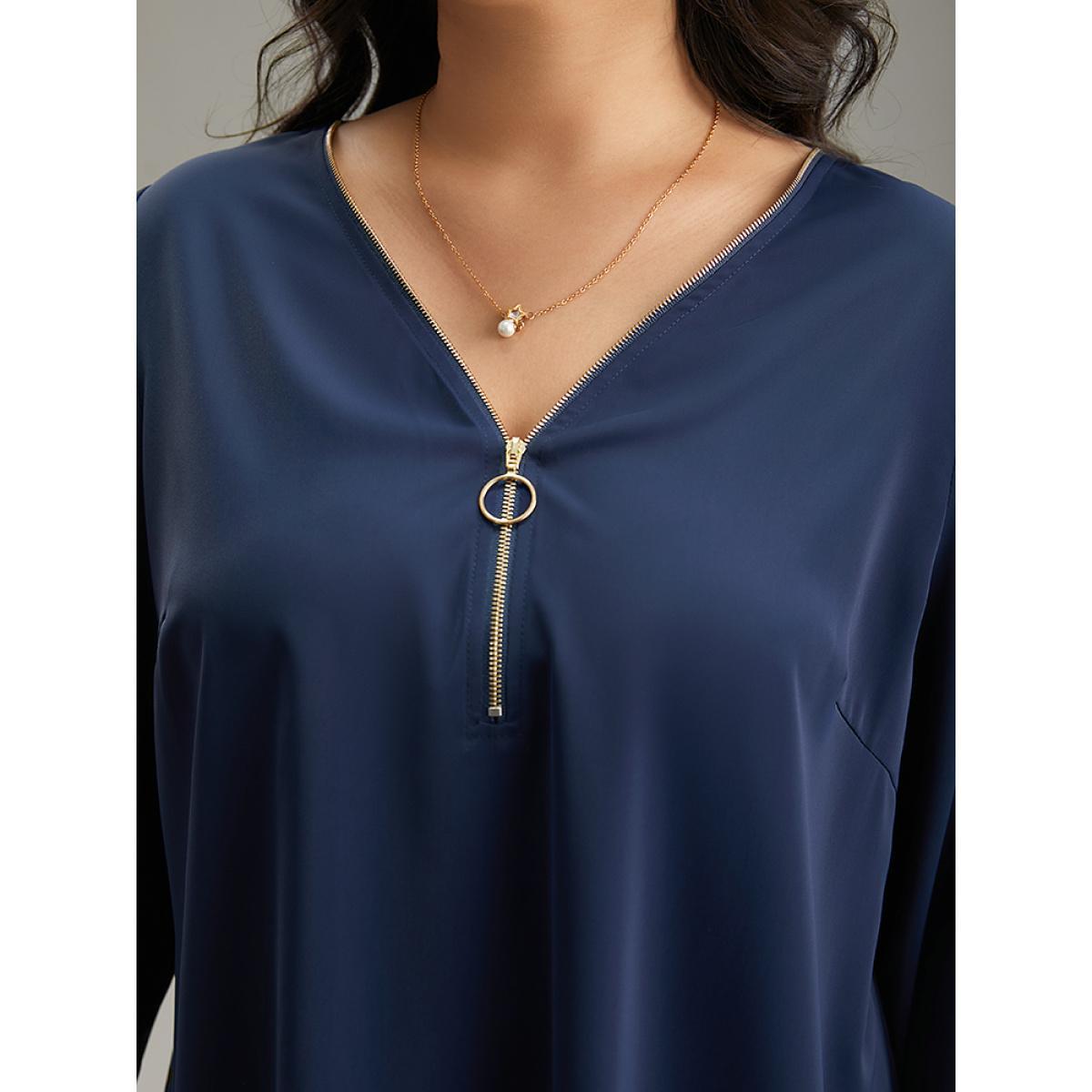 Plus Size Aegean Static-Free Plain Zipper Elastic Cuffs Blouse Women Office Long Sleeve V-neck Work Blouses BloomChic 12/L Product Image