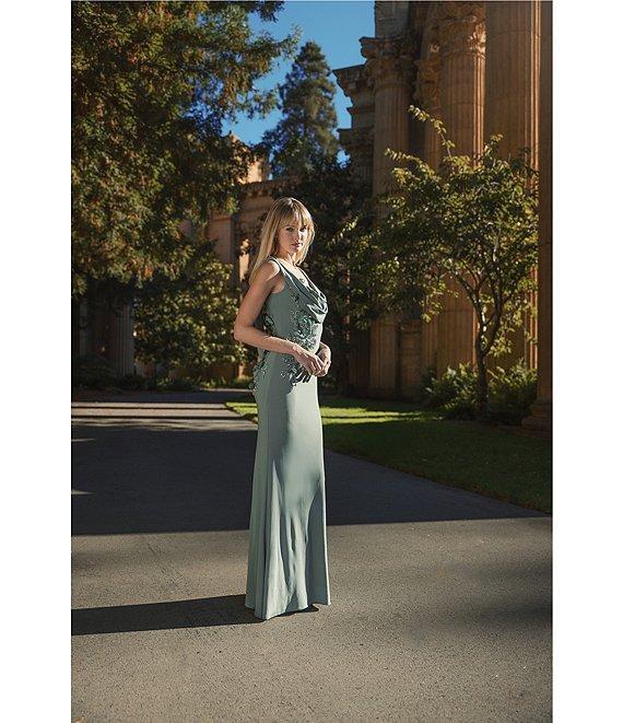 Mac Duggal Drape Neckk 3D Floral Applique Jersey Column Gown Product Image