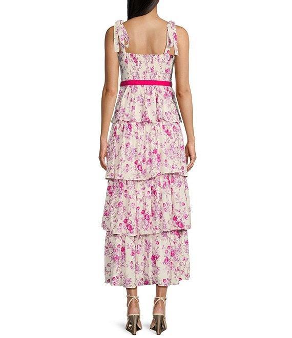 TCEC Floral Print Square Neck Velvet Belted Tiered Midi Dress Product Image