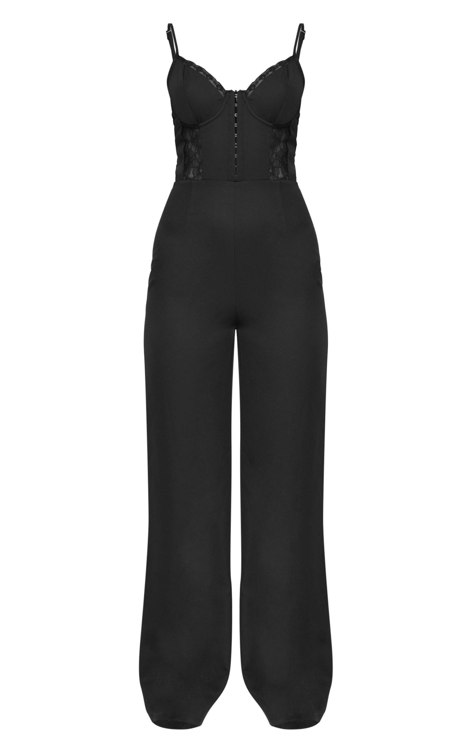 Black Woven Corset Lace Panel Strappy Jumpsuit Product Image