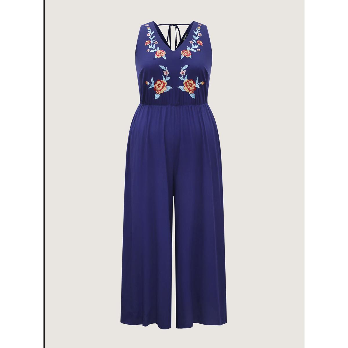 Plus Size Indigo Rayon Floral Embroidery Stretchy Waist Jumpsuit Women Sleeveless V-neck Vacation Loose Jumpsuits BloomChic 12/L Product Image