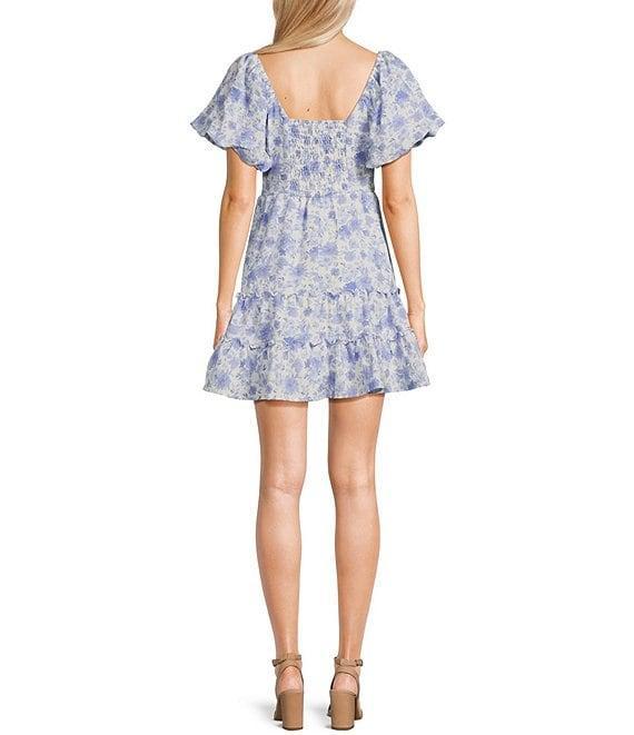 Midnight Doll Floral Print V-Neck Short Puff Sleeve Tiered Dress Product Image