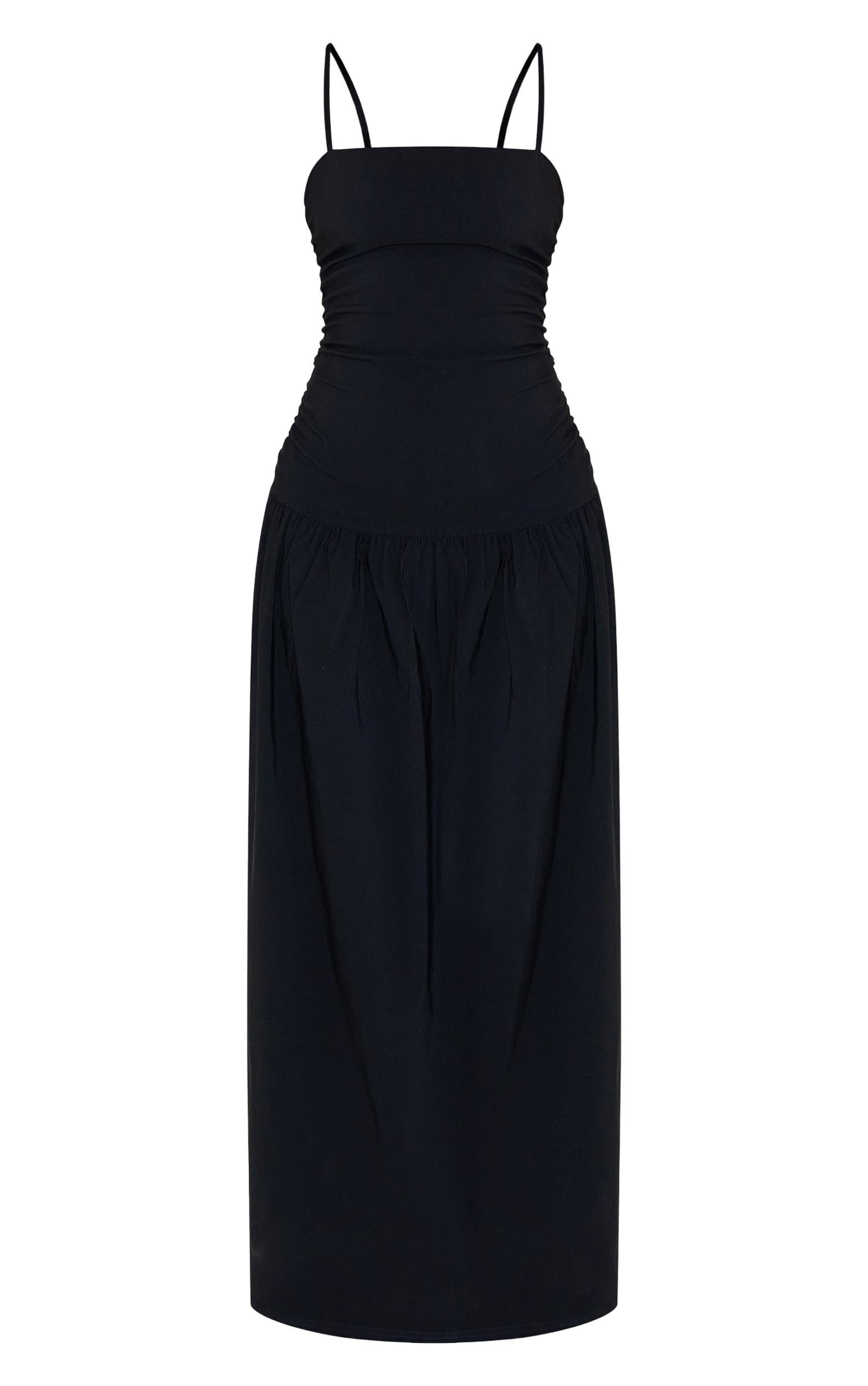Black Stretch Woven Strappy Ruched Maxi Dress Product Image