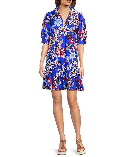 Jude Connally Pagoda Twirling Peacock Print Knit Point Collar V-Neck Short Puff Sleeve Drop Waist Flounce Hem Dress Product Image