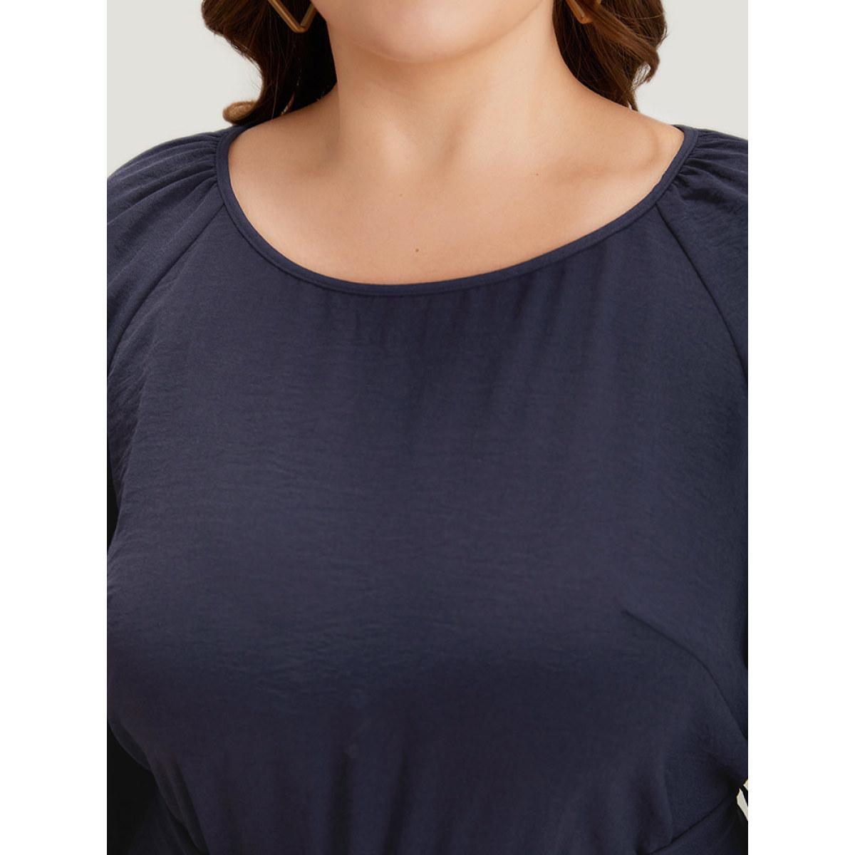 Plus Size Colorblock Contrast Metal Detail Lantern Sleeve Dress Midnight Women Casual Gathered Round Neck Elbow-length sleeve Curvy Midi Dress BloomChic 18-20/2X Product Image
