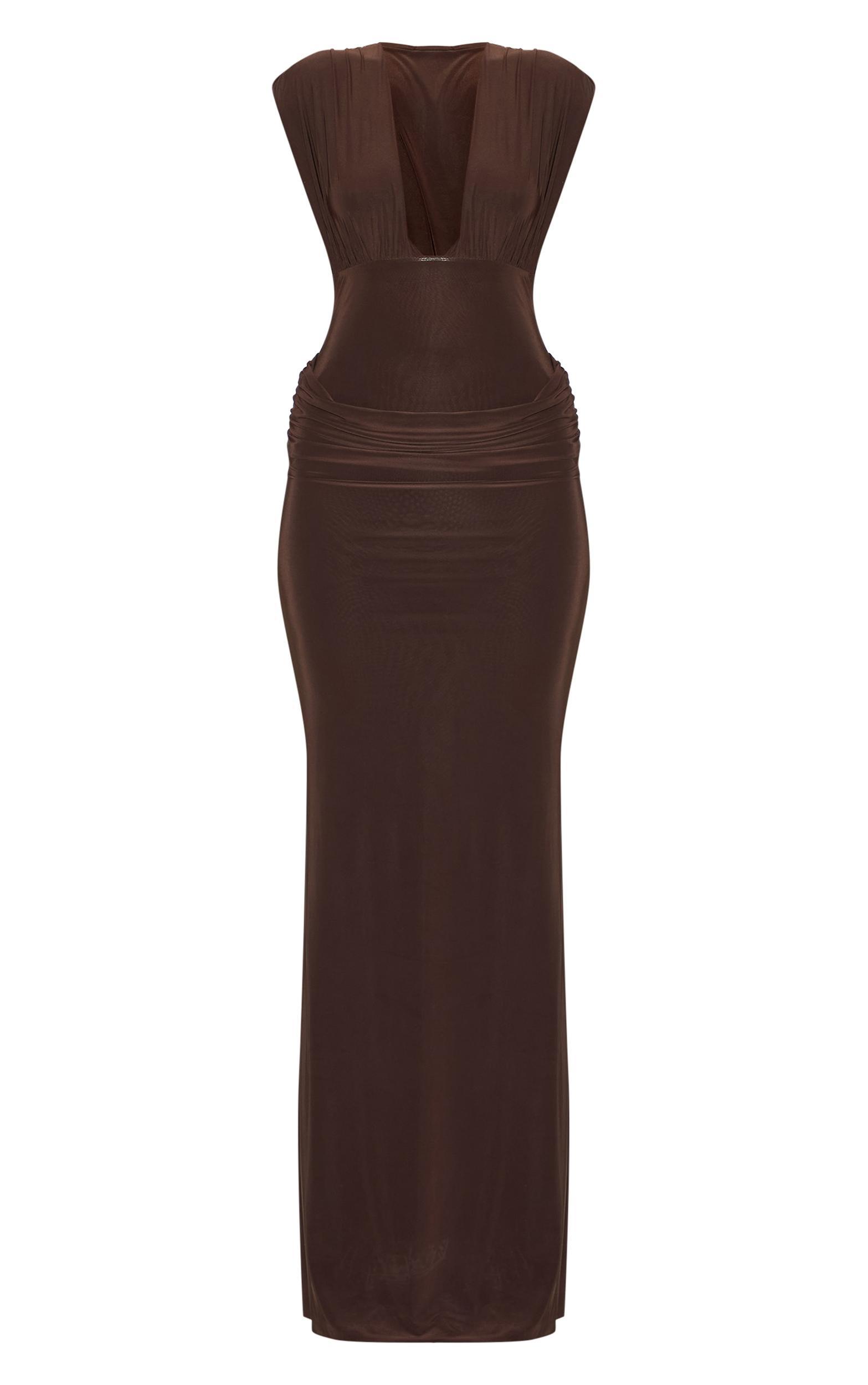 Chocolate Brown Double Layer Plunge Ruched Shoulder Drape Waist Maxi Dress Product Image