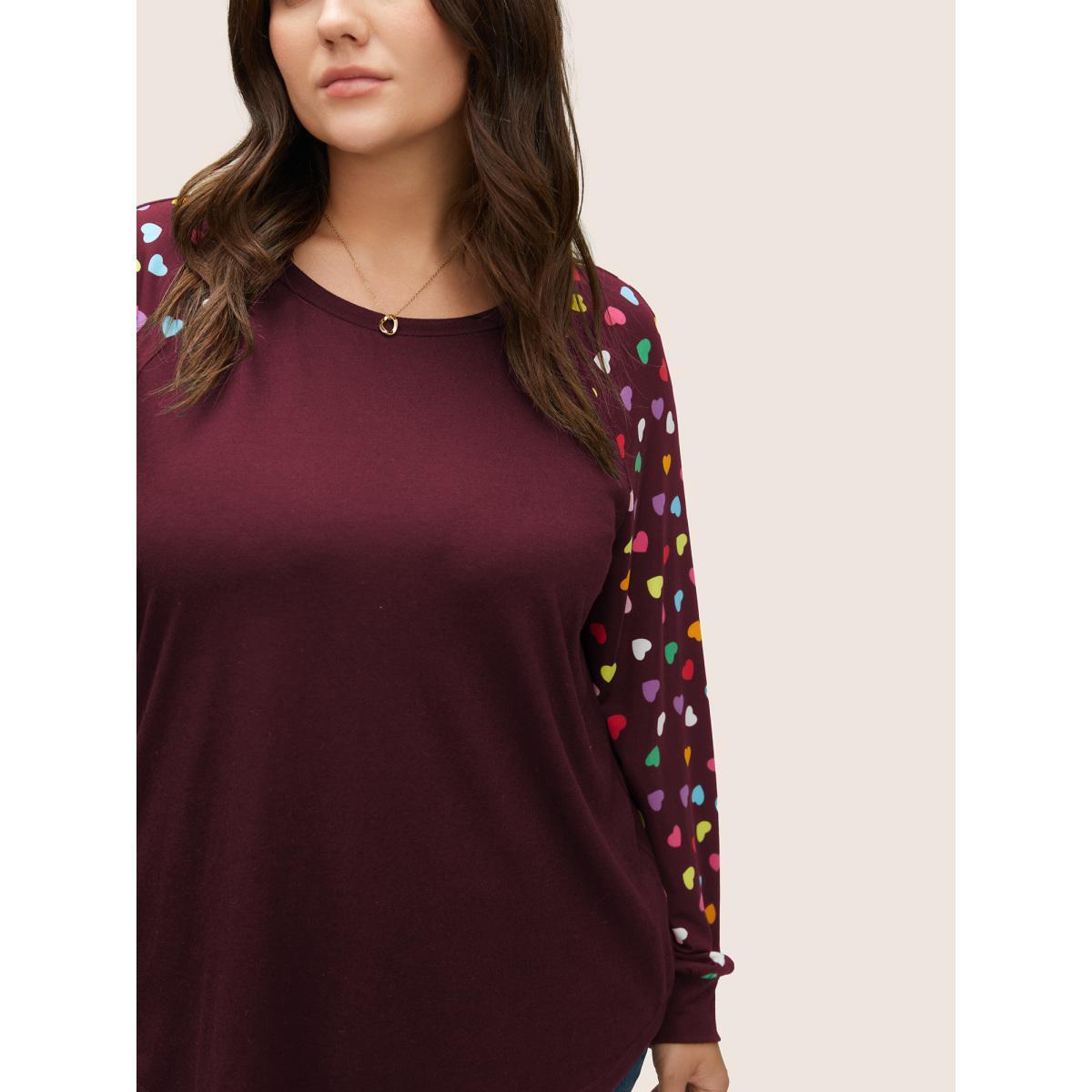Plus Size Colour Heart Print Raglan Sleeve T-shirt Burgundy Women Elegant Non Heart Print Round Neck Everyday T-shirts BloomChic 14-16/1X Product Image