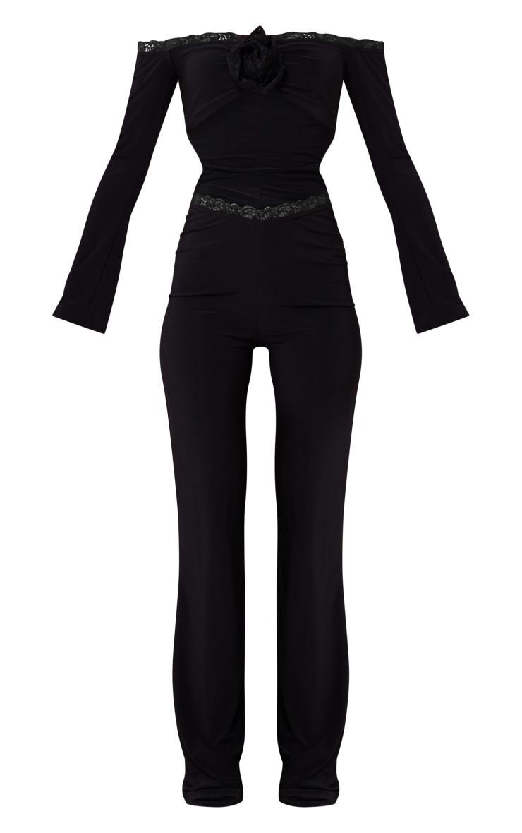 Black Slinky Lace Cut Out Corsage Bardot Jumpsuit Product Image