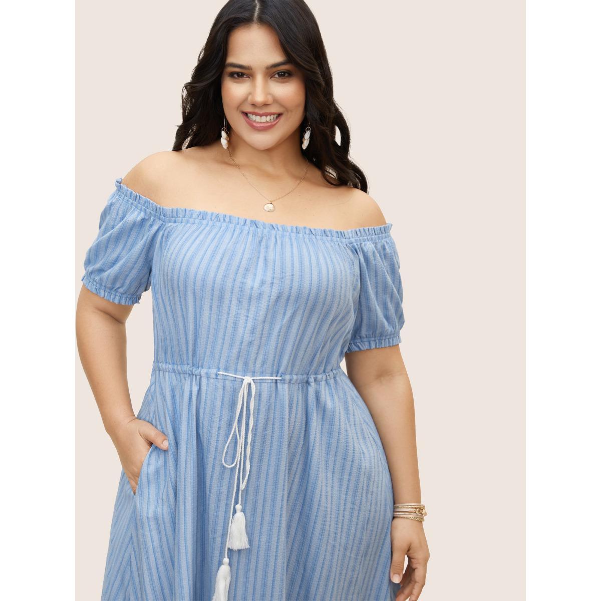 Plus Size Off Shoulder Striped Frill Trim Tassels Dress LightBlue Women Resort Tassels One-shoulder neck Short sleeve Curvy BloomChic 26/4X Product Image