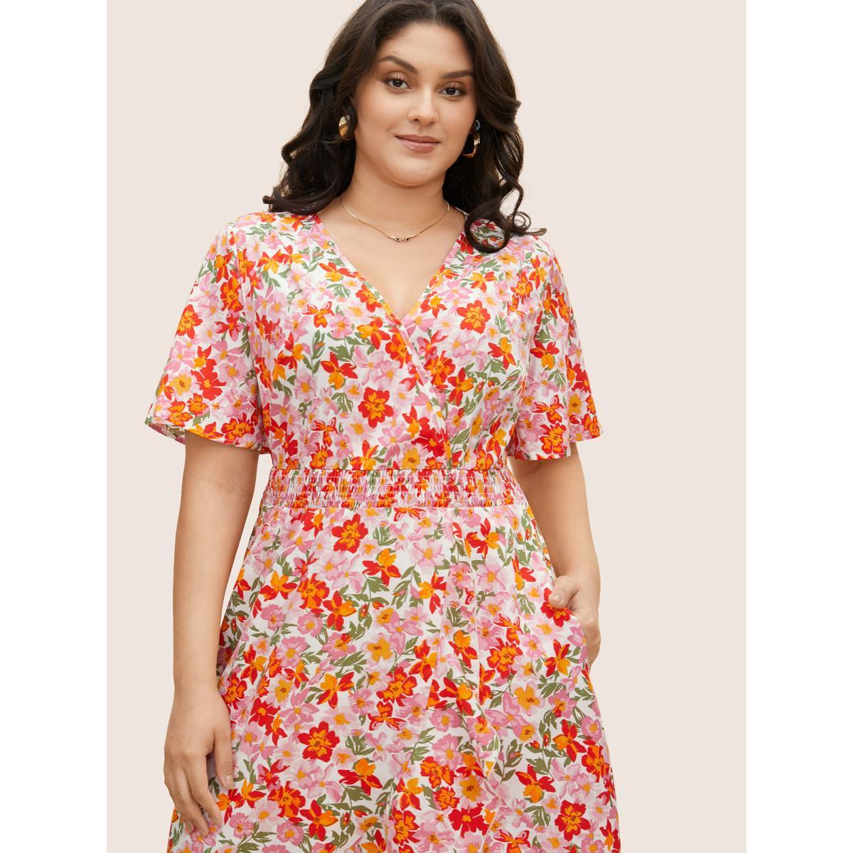 Plus Size Floral Shirred Wrap Hem Ruffle Sleeve Midi Dress Blush Women Elegant Shirred Overlap Collar Short sleeve Curvy BloomChic 26/4X Product Image