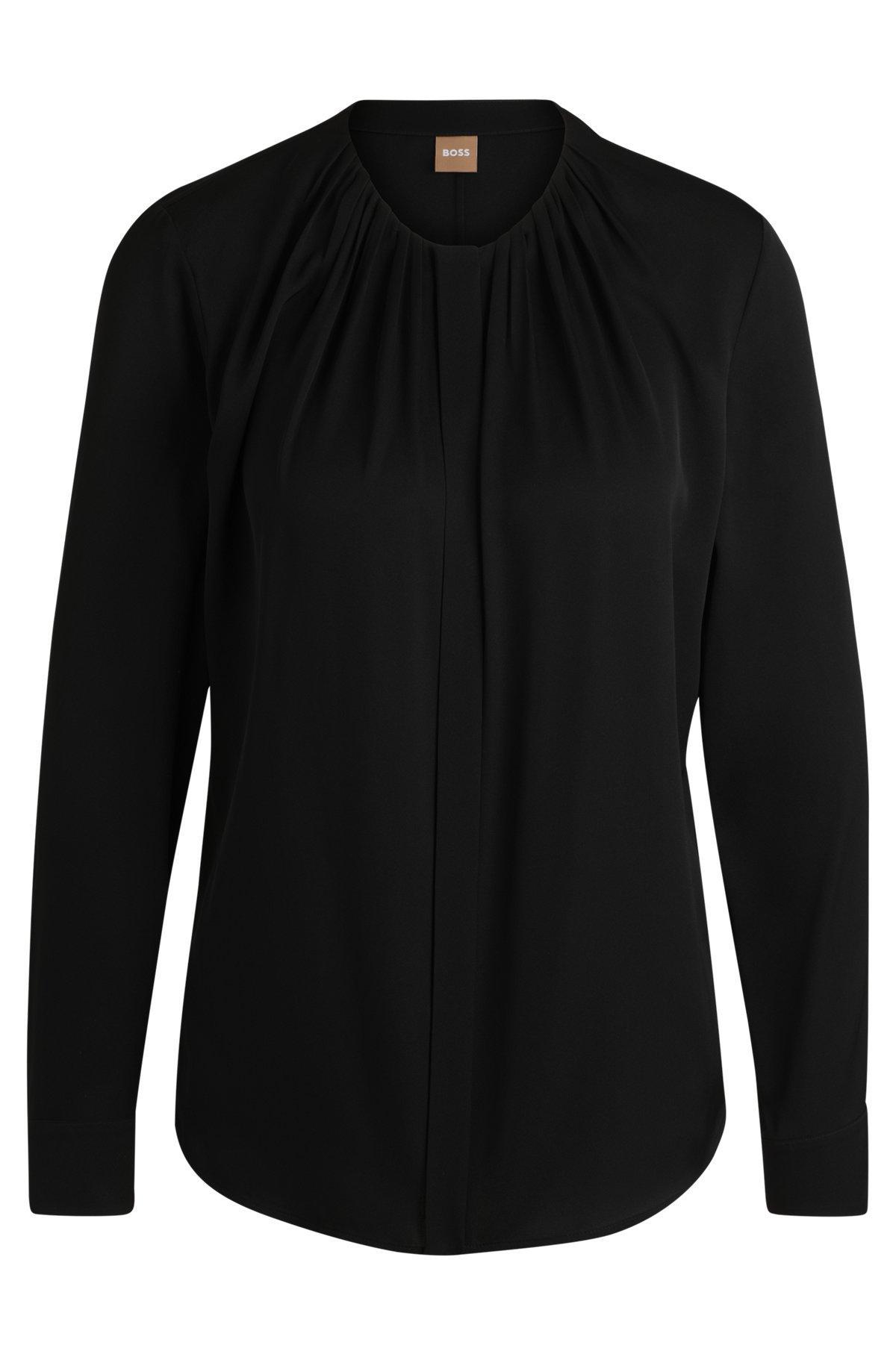 BOSS - Ruched-neck blouse in stretch-silk crepe de Chine - Black Product Image