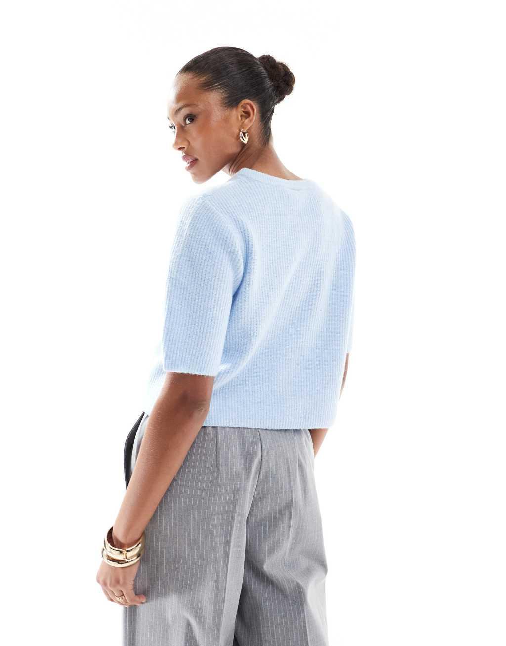 Pieces soft knit short sleeve cardigan in blue Product Image