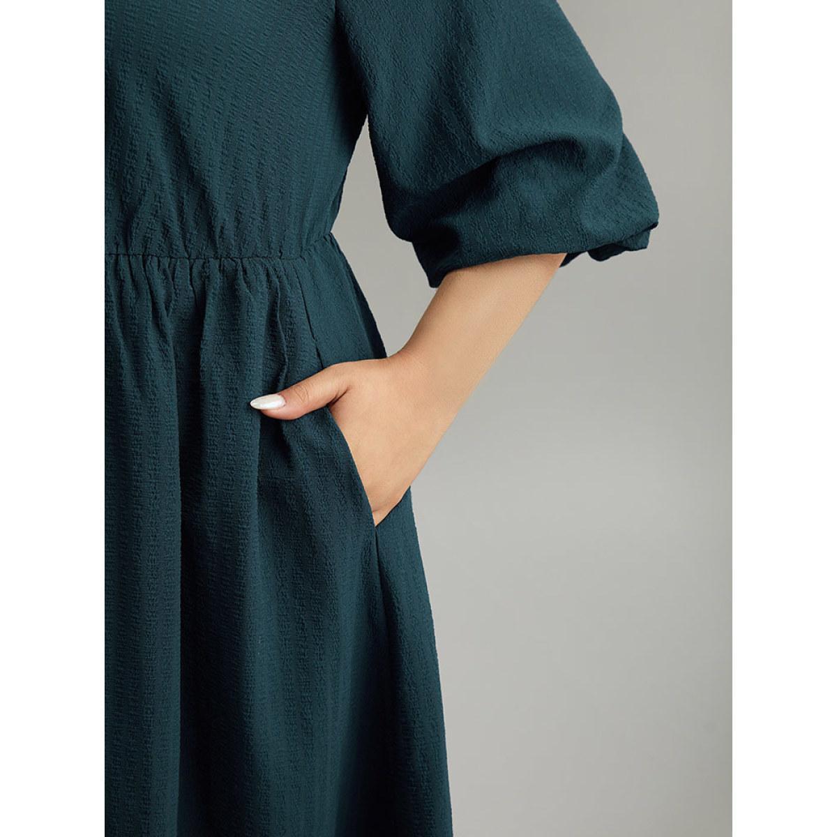 Plus Size Plain Textured Button Detail Pocket Dress DarkGreen Women Vacation Elastic cuffs Round Neck Elbow-length sleeve Curvy Midi Dress BloomChic 12/L Product Image