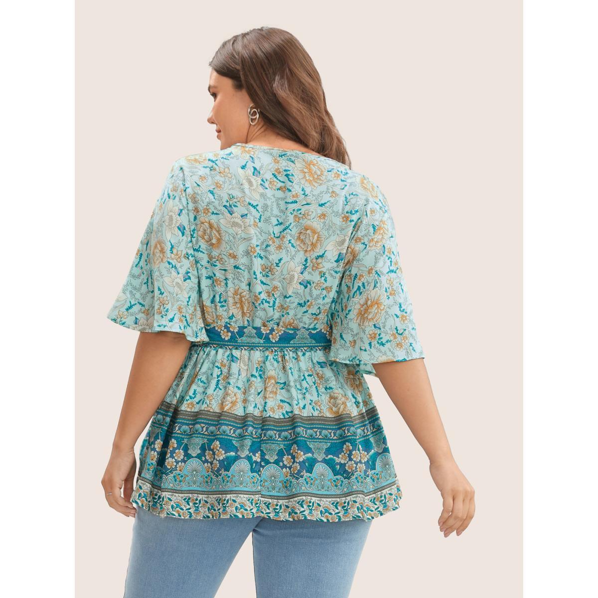 Plus Size Turquoise Floral Print Ruffles Belted Blouse Women Resort Half Sleeve V-neck Vacation Blouses BloomChic 22-24/3X Product Image