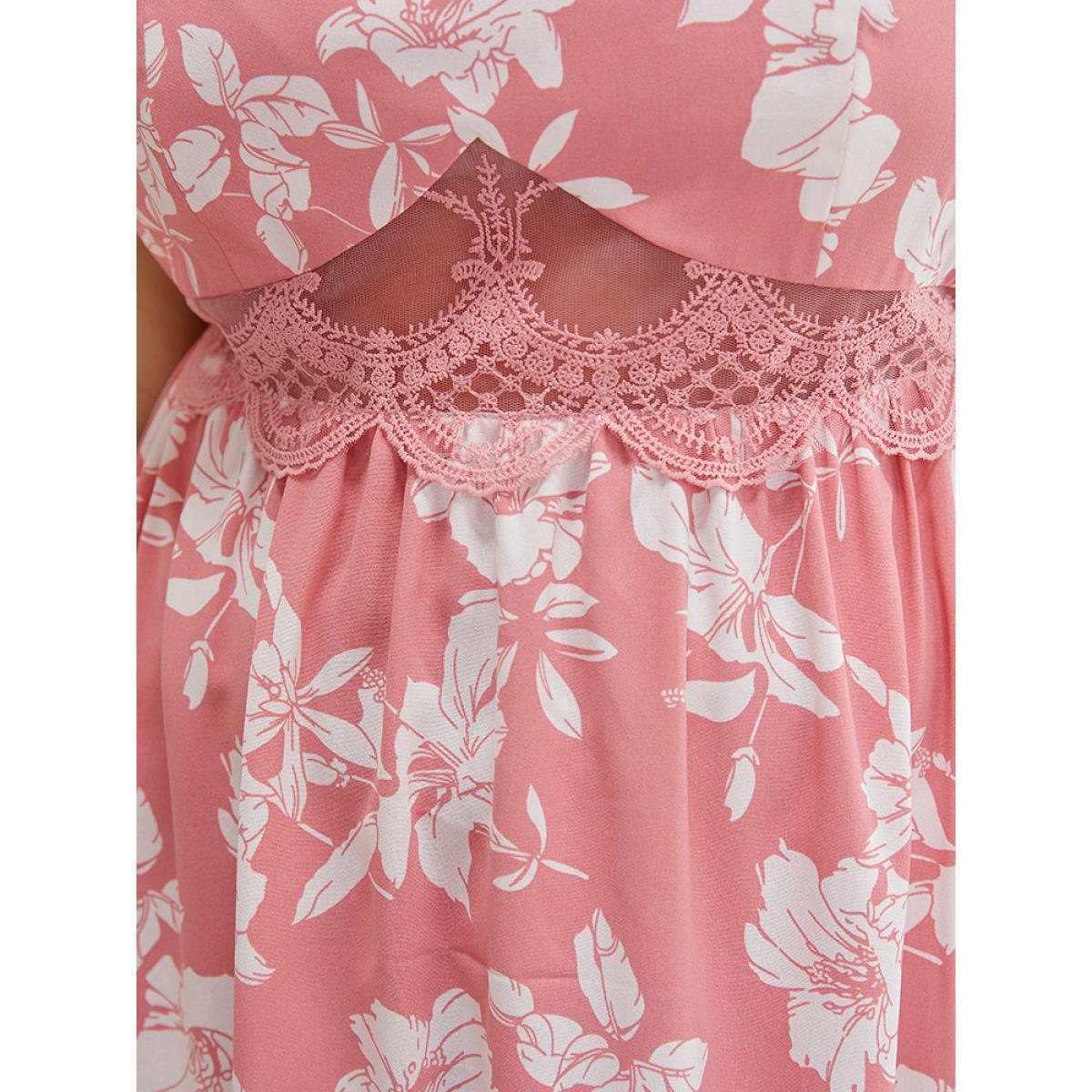 Plus Size Floral Ruffle Hem Pocket Lace Mesh Insert Cami Dress Rouge Women Elegant Adjustable Straps Spaghetti Strap Sleeveless Curvy Midi Dress BloomChic 22-24/3X Product Image
