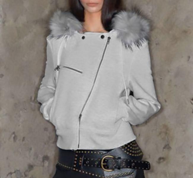 Long Sleeve Plain Furry-Trim Zip-Up Jacket Product Image