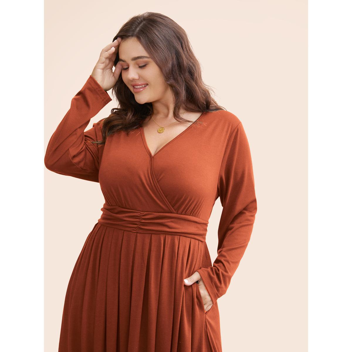Plus Size Supersoft Essentials Ruched Wrap Pleated Hem Dress Chocolate Women Casual Non Overlap Collar Long Sleeve Curvy Midi Dress BloomChic 28/5X Product Image