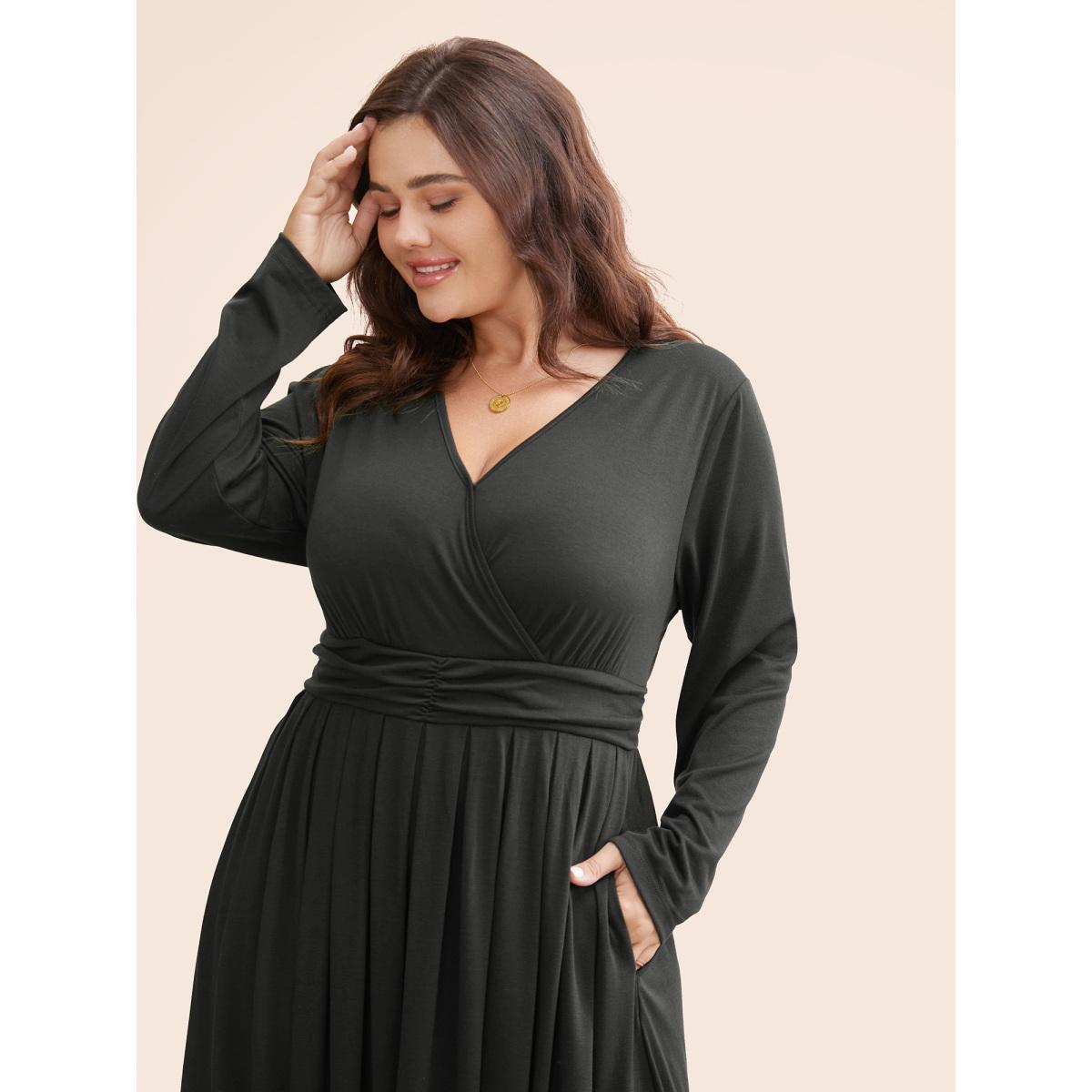 Plus Size Supersoft Essentials Ruched Wrap Pleated Hem Dress Burgundy Women Casual Non Overlap Collar Long Sleeve Curvy Midi Dress BloomChic 28/5X Product Image