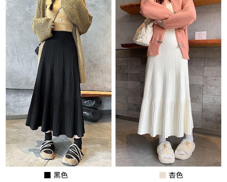 High Rise Plain Midi Pleated A-Line Knitted Skirt Product Image