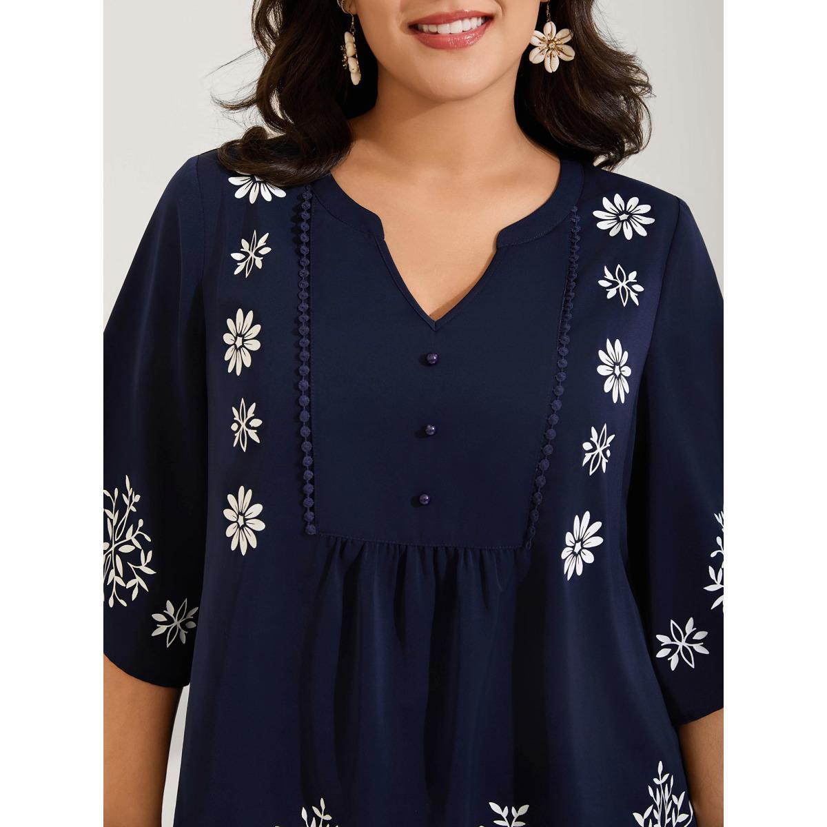 Plus Size DarkBlue Floral Print Button Detail Solid Blouse Women Elbow-length sleeve Flat collar with V-notch Vacation Blouses BloomChic 28/5X Product Image