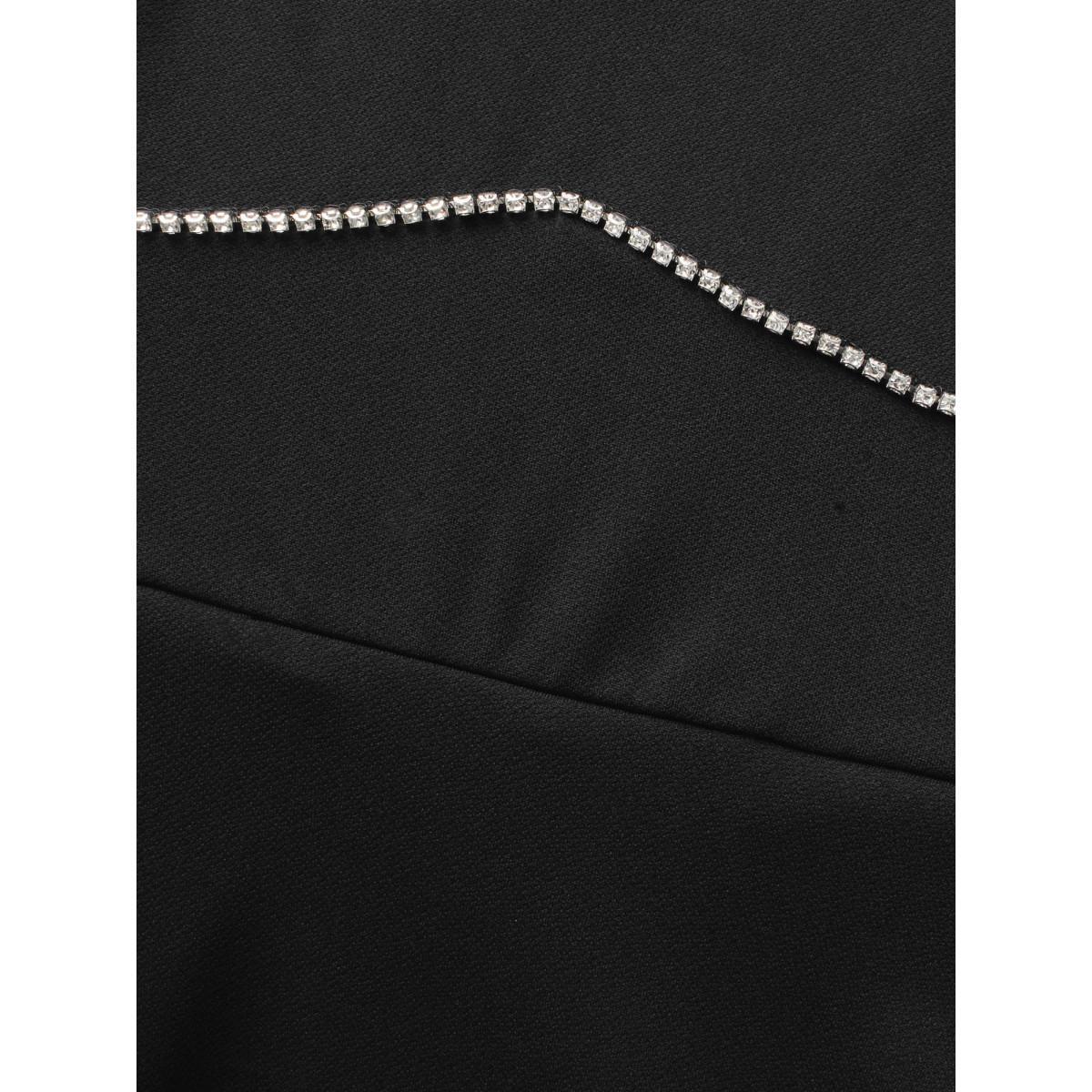 Plus Size Square Neck Shirred Rhinestone Midi Dress Black Women Cocktail Rhinestone detailing Party Curvy Bloomchic 10/M Product Image