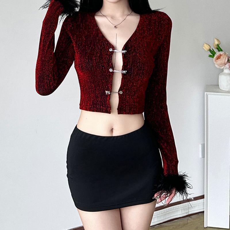 Long Sleeve Faux Fur Trim Slim-Fit Crop Cardigan Product Image