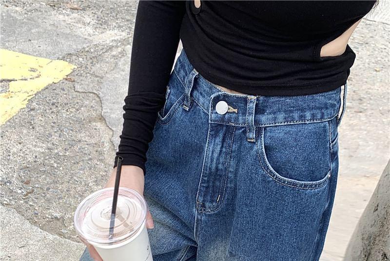 High Waist Washed Distressed Wide Leg Jeans Product Image