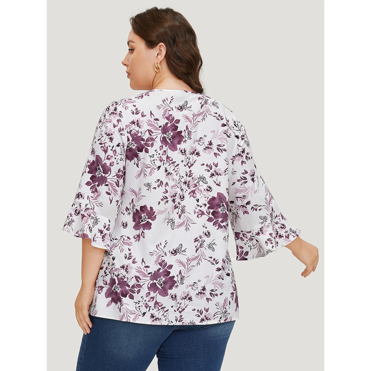 Plus Size Multicolor Floral Print Bell Sleeve Crew Neck Blouse Women Elegant Elbow-length sleeve Round Neck Dailywear Blouses BloomChic 12/L Product Image