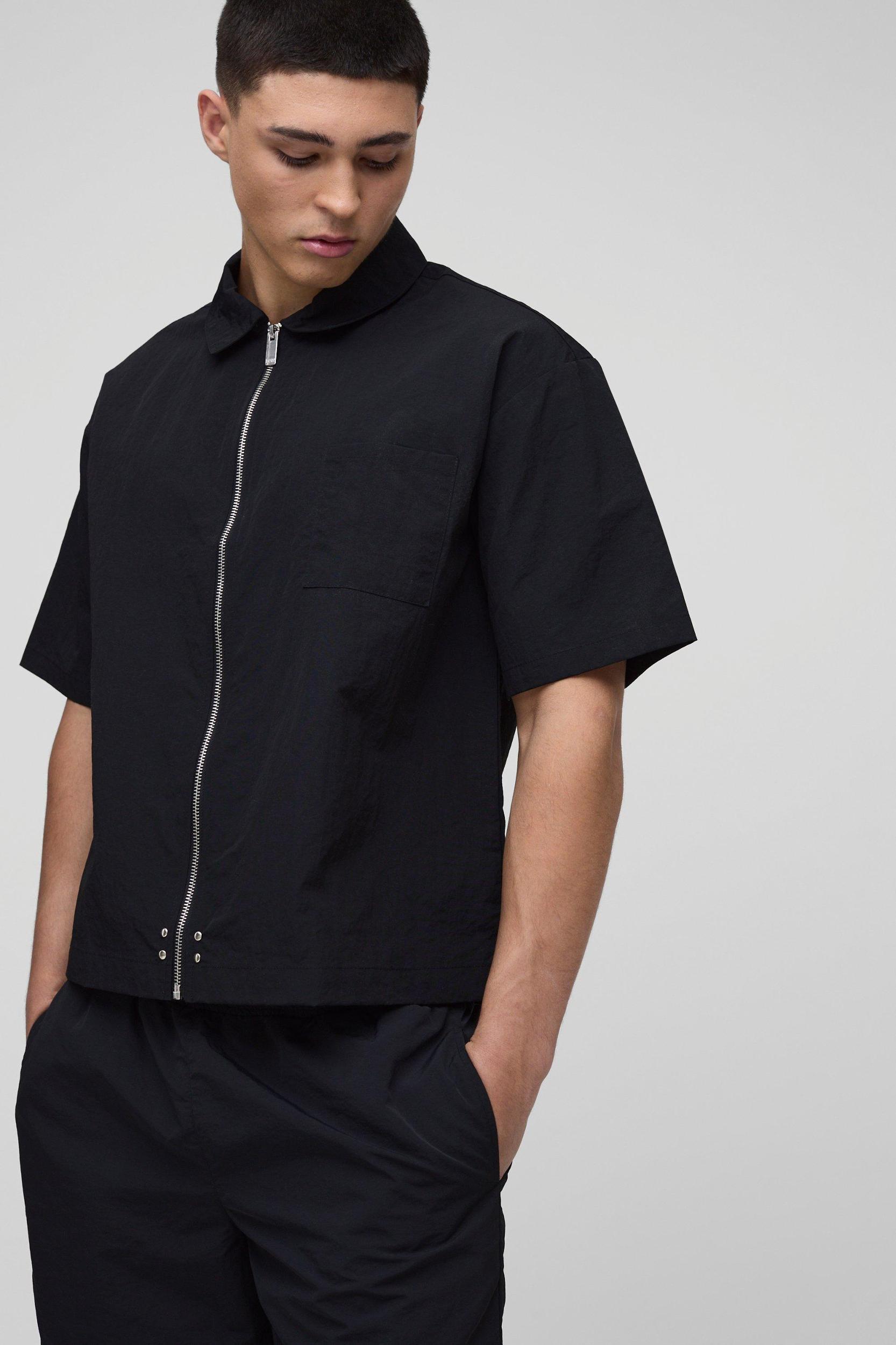 Oversized Crinkle Nylon Zip Up Shirt | boohooMAN USA Product Image