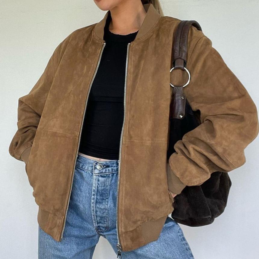 Plain Faux Suede Zip Baseball Jacket Product Image