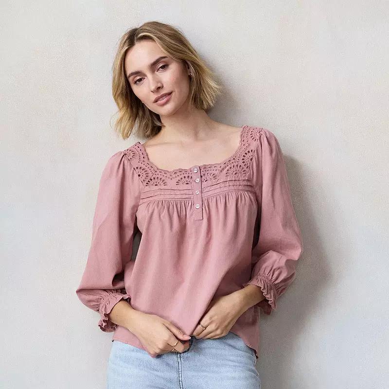Womens LC Lauren Conrad Henley Puff Sleeve Peasant Top Young Green Product Image