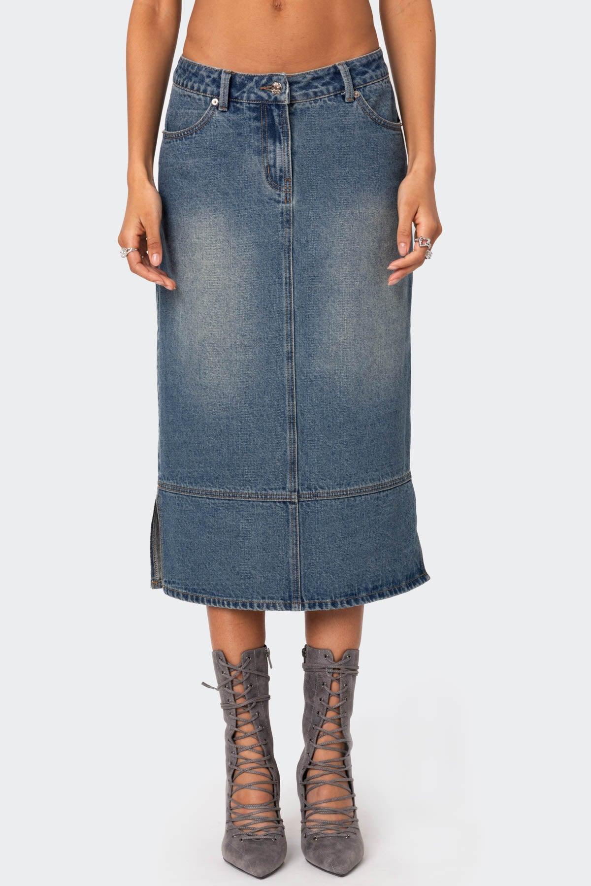 Lassy Washed Denim Midi Skirt Product Image