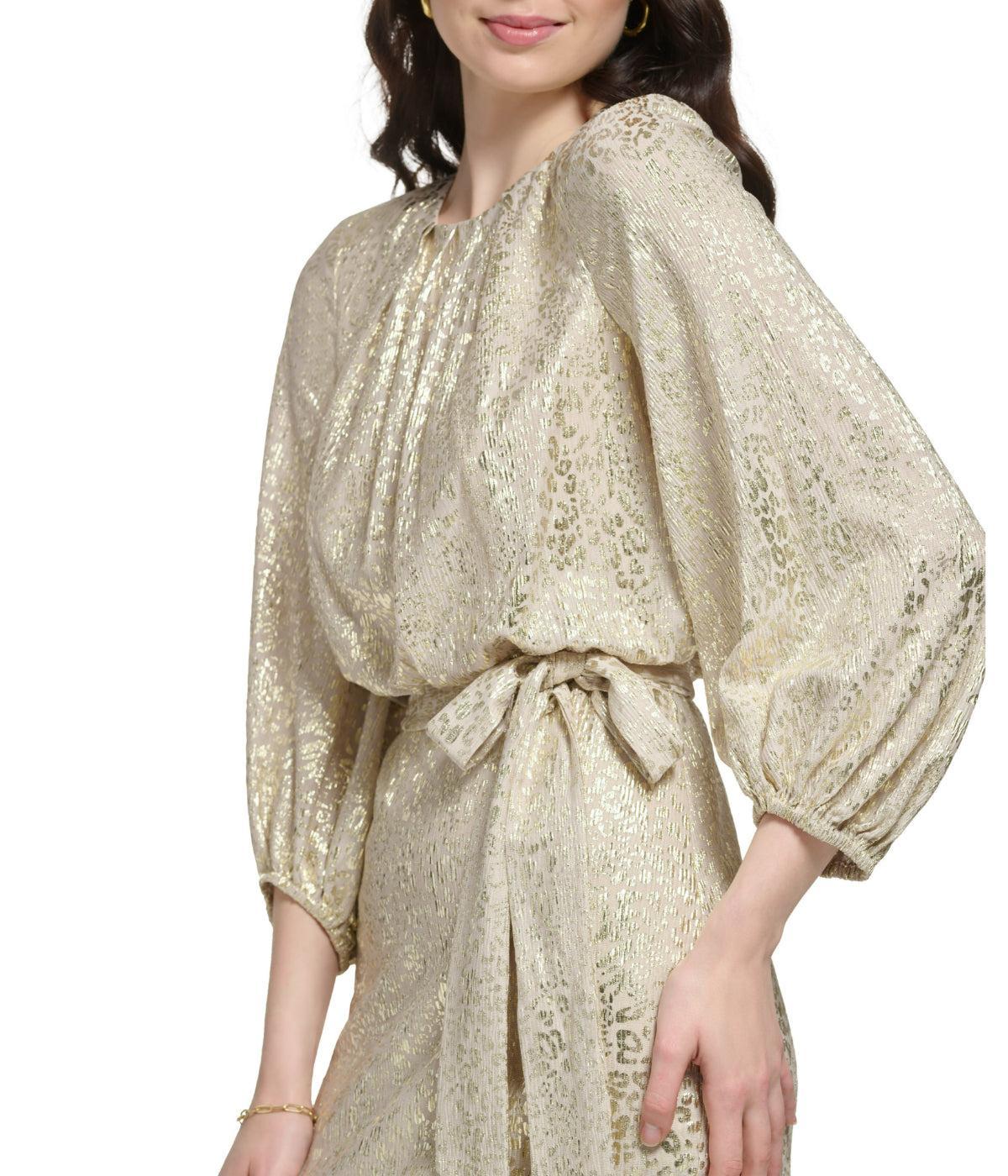 Longsleeve Pleated Neck Blouson Dress Champagne Product Image