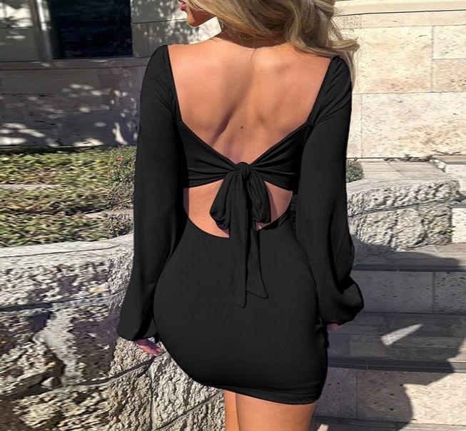 Puff Sleeve Square-Neck Plain Open-Back Slim-Fit Mini Bodycon Dress Product Image