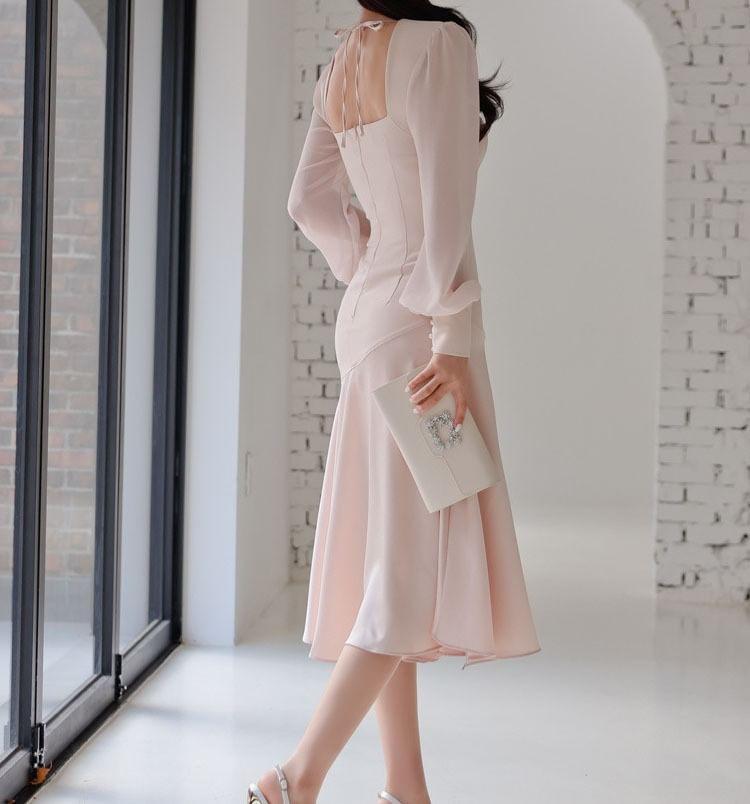 Long-Sleeve Plain Asymmetrical Midi Mermaid Dress Product Image