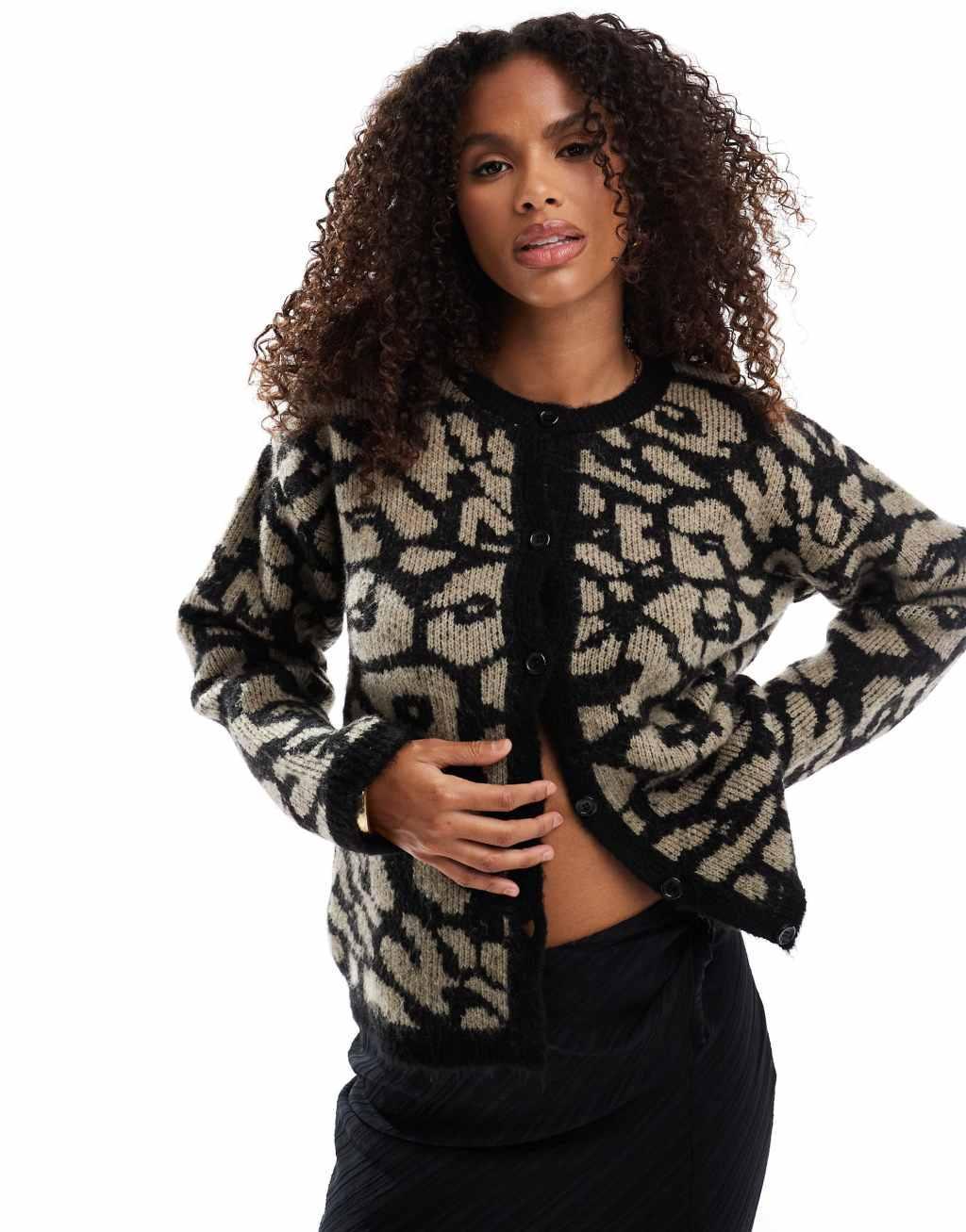 ASOS DESIGN fluffy knit crew neck cardigan in leopard Product Image