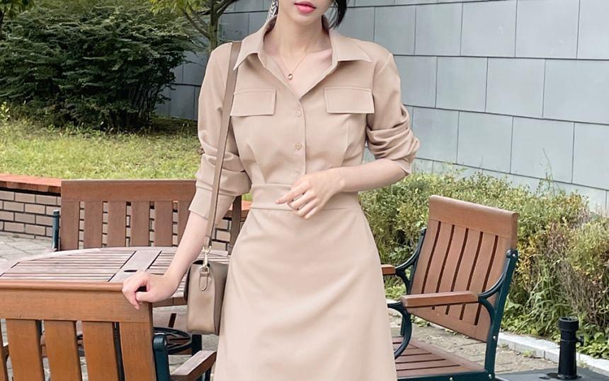 Long-Sleeve Plain Maxi A-Line Shirt Dress Product Image