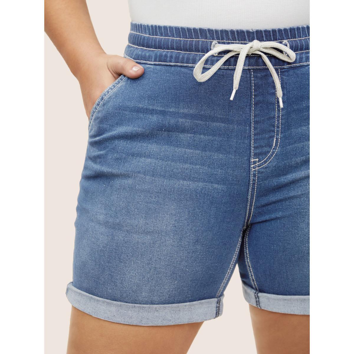 Plus Size Roll Hem Elastic Waist Drawstring Denim Shorts Women Denimlightblue Drawstring High stretch Everyday Slanted pocket Casual Denim Shorts BloomChic 12/L Product Image