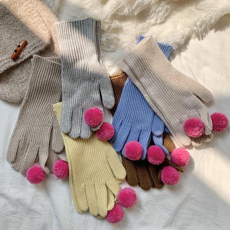 Pom Pom Ribbed Knit Gloves Product Image
