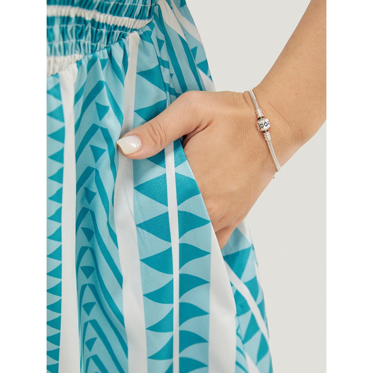 Plus Size Striped Contrast Square Neck Pocket Ruffles Shirred Cami Dress LightBlue Women Vacation Square Neck Cap Sleeve Curvy Midi Dress BloomChic 22-24/3X Product Image