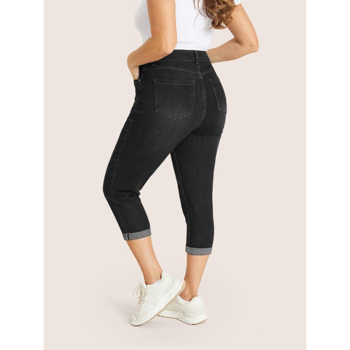 Plus Size Very Stretchy High Rise Dark Wash Cropped Jeans Women Black Casual Plain High stretch Slanted pocket Jeans BloomChic 10/M Product Image