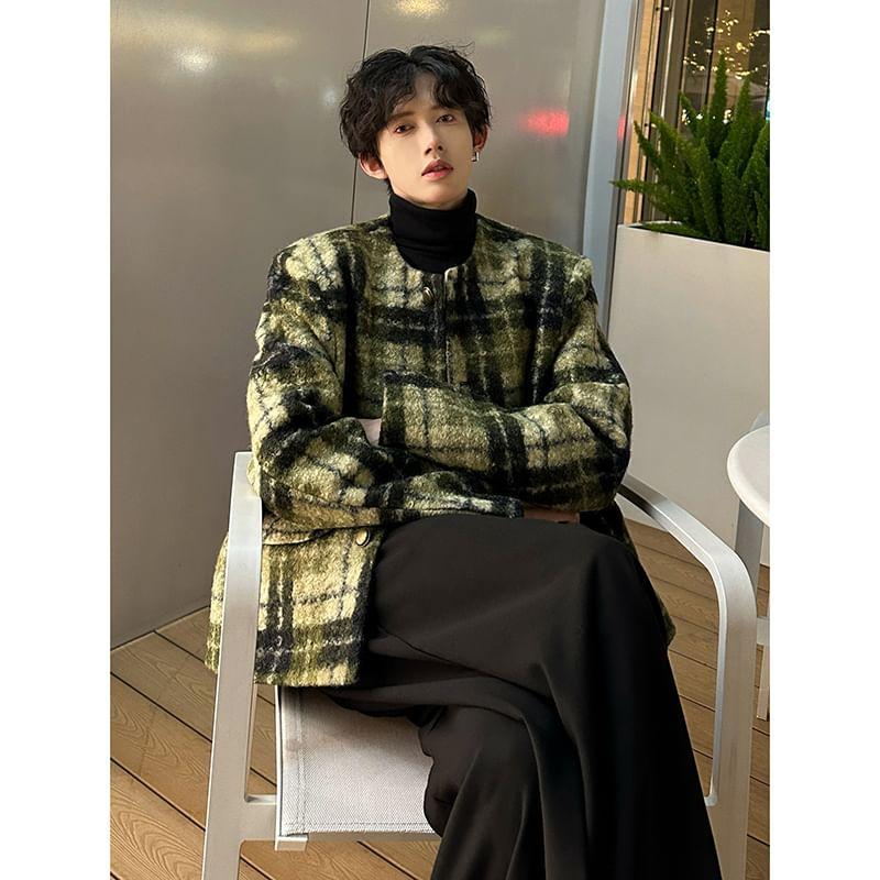 U-Neck Plaid Button-Up Jacket Product Image