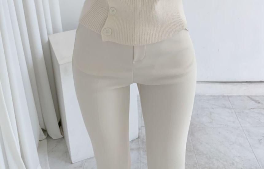 Long Sleeve Crew Neck Plain Button Up Crop Knit Top Product Image