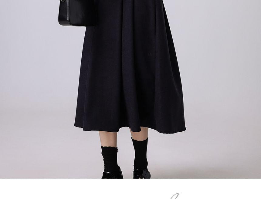 Long-Sleeve Collared Mock Two-Piece Striped Panel Pleated Midi A-Line Dress Product Image